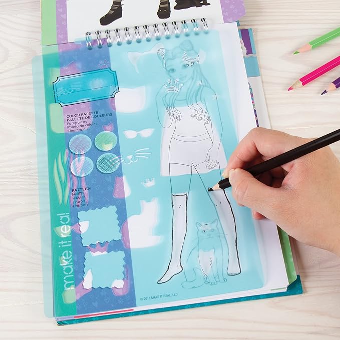 Make It Real Fashion Design Sketchbook for Girls - Pretty Kitty Cat-Themed Design Kit with Stencils, Stickers, Guide - Unleash Creativity, Develop Skills, for Kids Ages 6
