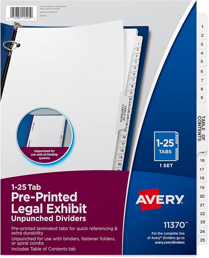 Avery Premium Collated Legal Exhibit Binder Dividers with Tabs, 1-25 and Table of Contents, 8.5 x 11 Inches, Binder Divider with Tabs, Avery Style (11370)
