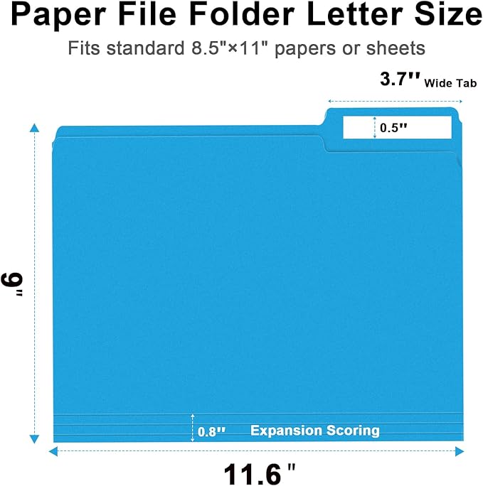 File Folder, RAZCC 100 Pack 1/3 Cut Tab File Folders Letter Size, Blue, Colored Folders with Tab Great for Organizing and Easy File Storage