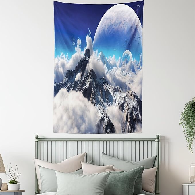 Ambesonne Fantasy Tapestry Queen Size, Celestial View of Snow Capped Mountains and Alien Planet Print, Wall Hanging Bedspread Bed Cover Wall Decor, 88" X 88", White and Navy Blue