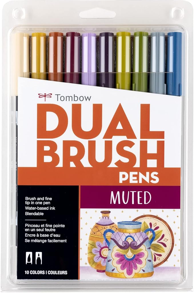 Tombow 56186 Dual Brush Pen Art Markers, Muted, 10-Pack. Blendable, Brush and Fine Tip Markers