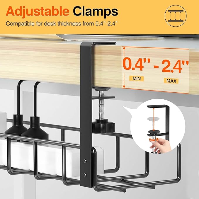 3 Pack Cable Management Under Desk Tray, 47.1" No Drill Under Desk Wire Management with Upgraded Clamp, Metal Cord Organizers with Cable Organizers, PC Cord Organization Rack, Black