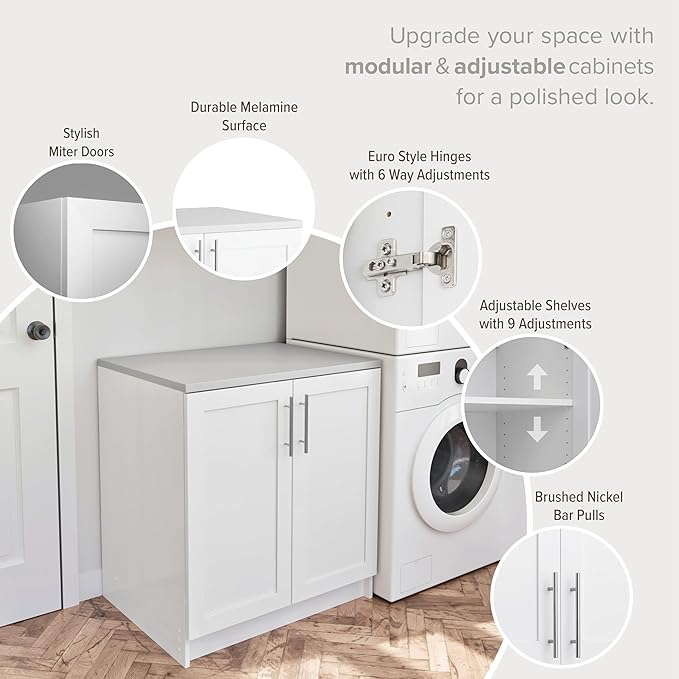 Prepac Elite 32" W Storage Cabinet with Doors and Shelves, White Garage Cabinet, Bathroom Storage with 1 Adjustable Shelf 24.5" D x 32" W x 36" H, WSCR-1005-1