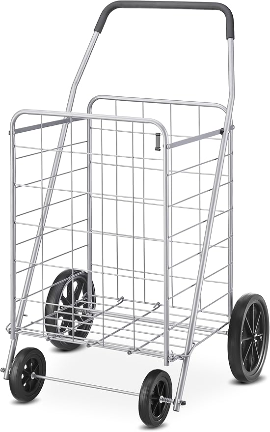 Whitmor Deluxe Utility Foldable Shopping Cart with Wheels, 100 Lb Capacity, Heavy Duty Grocery Cart with Steel Frame, Foam Handle, Rolling Folding Utility Trolley for Grocery, Laundry, Travel, Gray