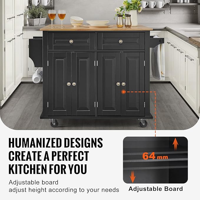 VEVOR Kitchen Island Cart, 35" Wood Top Mobile Carts with Storage Cabinet, Rolling Table with Drop Leaf, Spice Rack, Towel Bar, Adjustable Shelf, Drawer, and Hooks, Portable Islands on Wheels, Black