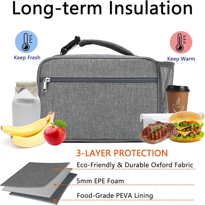 Insulated Lunch Box for School, Thermal Reusable Durable Freezable Lunch Bags for Kids Boys Girls Men Women - Small Soft Cooler Portable Lunch Tote Kit for Work Picnic Travel,Grey