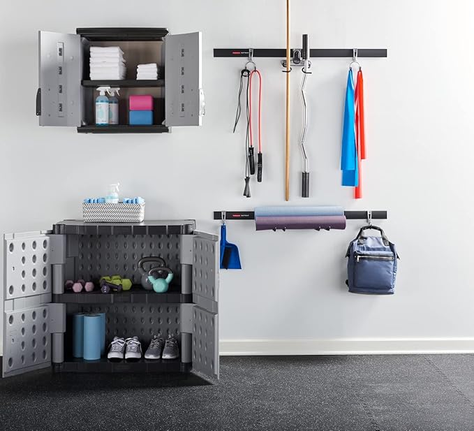 Rubbermaid Wall Mounted Storage Cabinet with Doors 150-Pound Capacity Gray Lockable Three-Shelf Cubbard for Tools/Car Accessories/Cleaning in Home/Garage/Outdoor Areas