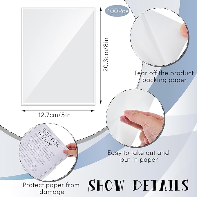 Gueevin 100 Pcs 5 x 8 Inch Self Adhesive Display Pockets Peel and Stick Clear Paper Sleeves Wall and Door Communication Clear Adhesive Sheet Protector Letter Size Plastic Sheet Protectors
