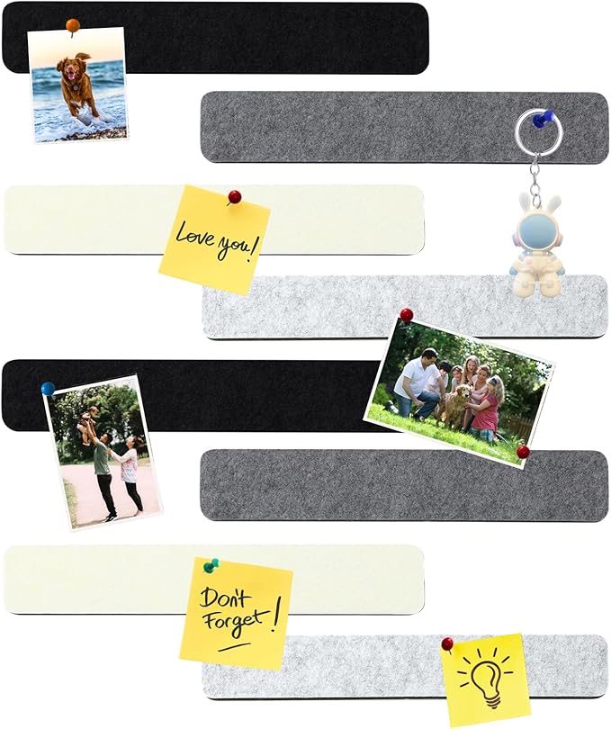 8Pcs Rectangle Felt Cork Board Bar Strips with 35 Pushpins, Self-Adhesive Bulletin Board Strips for Office School Home Wall Decor Stickers Memos Schedules Photos Display -Gradual Grey