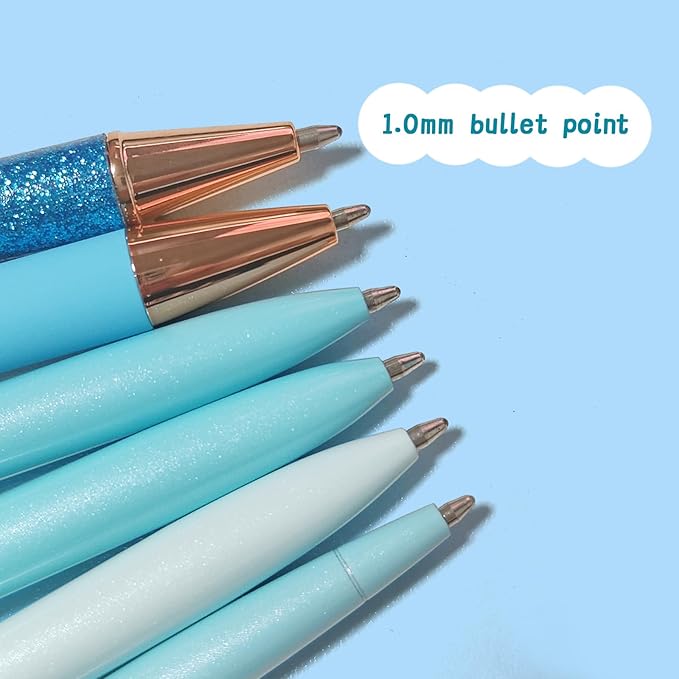 Fancy Pens for Women, 6 Pcs Cute Blue Pens Ballpoint Pen Bulk, 1.0mm Medium Point Black Ink Smooth Writing Pen for Note Taking, Gifts for Nurse Teacher (Blue)