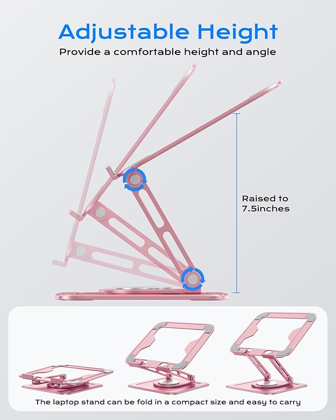 Adjustable Laptop Stand, Computer Stand with 360 Rotating Base, Ergonomic Laptop Riser Mount for Desk Foldable Protable Computer Desk Fits with MacBook Pro Air (10-16") - Pink
