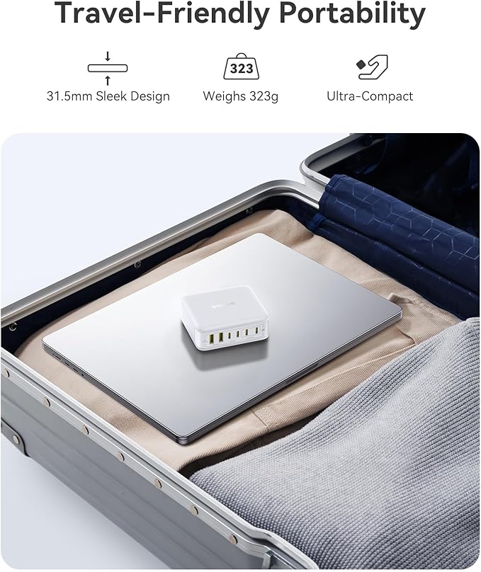 Baseus Charging Station 120W, 6-in-1 USB-C PD Fast Charging Desktop Charger with 5ft Extension Cord, 4 USB C, 2 USB A Ports, Travel Power Strip for iPhone 17/16, iPad Pro, MacBook Pro, Tablet and More