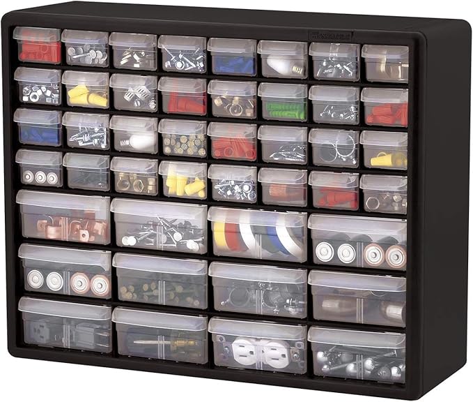 Akro-Mils 44-Drawer Plastic Drawer Storage Cabinet for Garage Organization, Bead Organizer, Building Bricks Storage, Teacher Toolbox, Makeup Organizer, 20" W x 6" D x 16" H, 10144 Black
