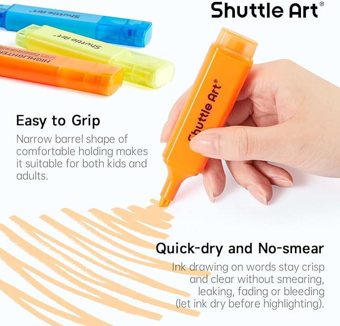 Shuttle Art Highlighters, 8 Assorted Colors Highlighter Pens, Chisel Tip Dry-Quickly Non-Toxic Highlighter Markers for Adults Kids Highlighting on Home School Office