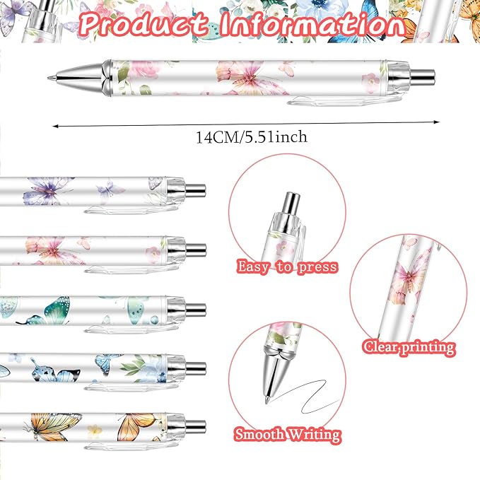 30 PCS Butterfly Ballpoint Pen Retractable Ballpoint Pen, 0.5mm Ball Point Pens for Office Stationery Home School Supplies for Women Teacher Gifts Black Ink, Medium Point (Butterfly, 30)