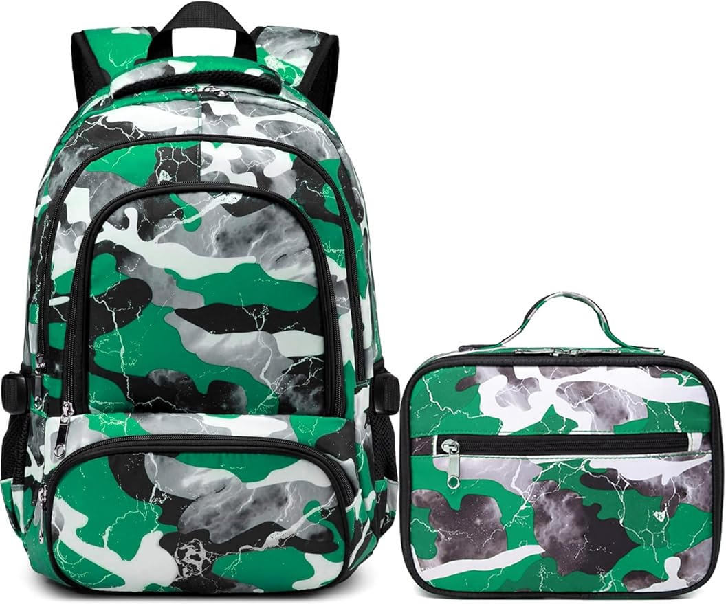 BLUEFAIRY Boys Backpack Set with Lunch Bag for Kids Elementary Middle School BookBags for Teens Child Back to School Gifts Large Campartments Lots of Pockets Camo Green