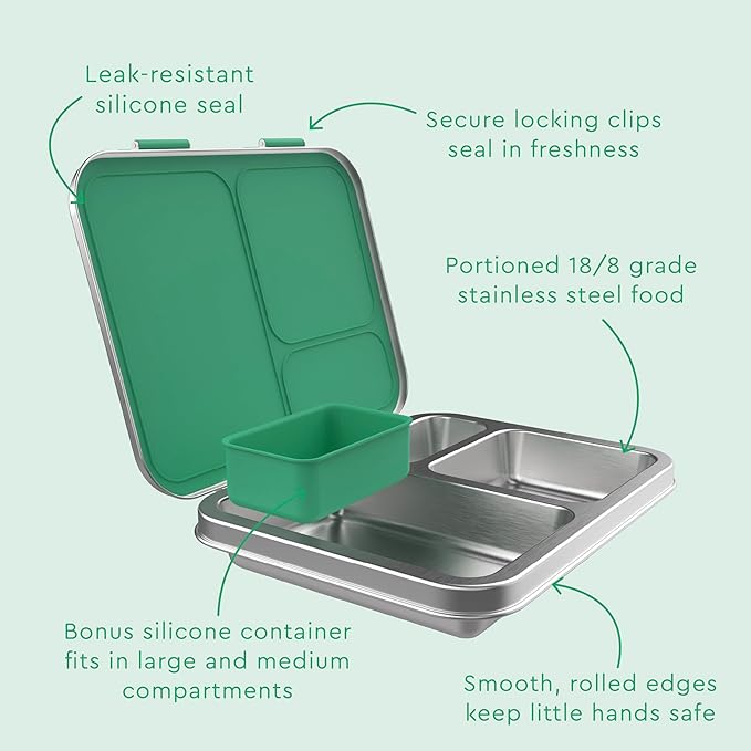 Bentgo Kids Stainless Steel Leak-Resistant Lunch Box - 3-Compartments with Bonus Silicone Container, Durable, Eco-Friendly, Dishwasher Safe, BPA-Free, Ideal for School, Ages 3+ (Green)