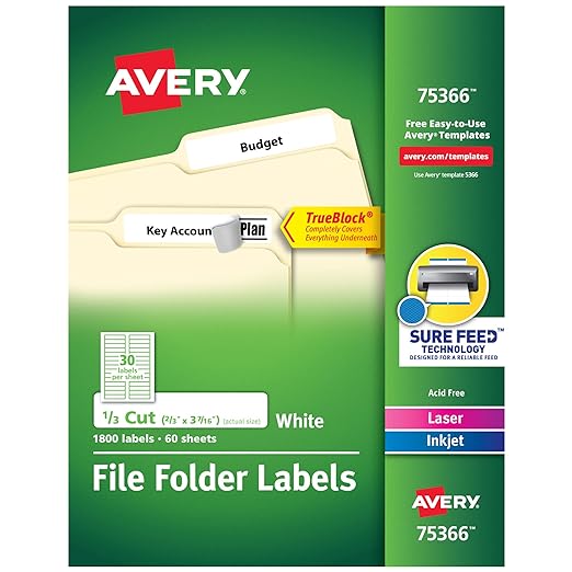 Avery TrueBlock File Folder Labels, 2/3" x 3-7/16", 1,800 Printable Labels, White, Permanent (75366)