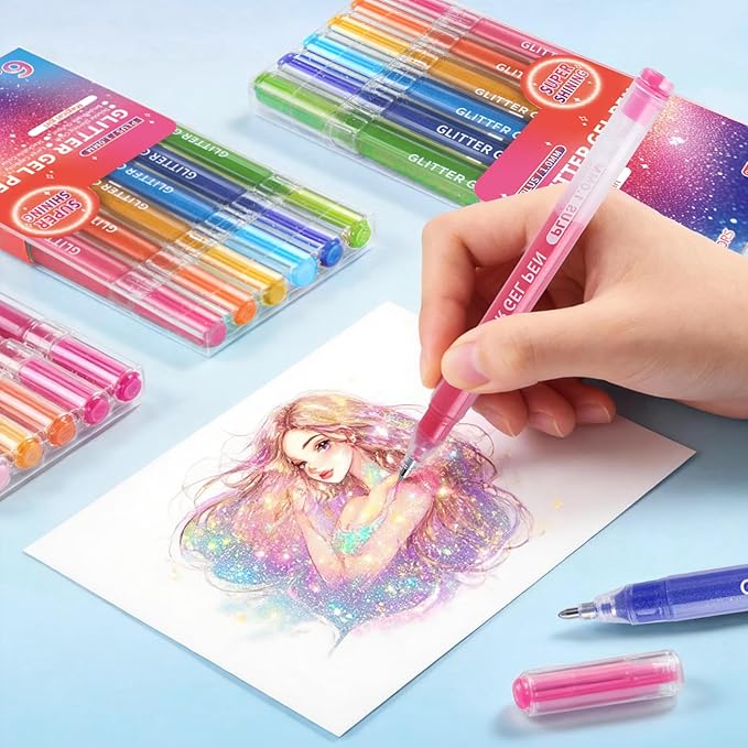 Xmusk Glitter Gel Pens, 6 Colors Double Shining Colors Red Glitter Metallic Gel Ink Pen with 1.0 mm Large Capacity Smooth Writing Color Pens for Adult Coloring Note, Drawing, Art Supplies