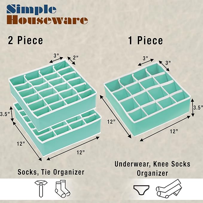 Simple Houseware Sock Drawer Organizer for Dresser/Closet/Bedroom, 3 Pack, Turquoise