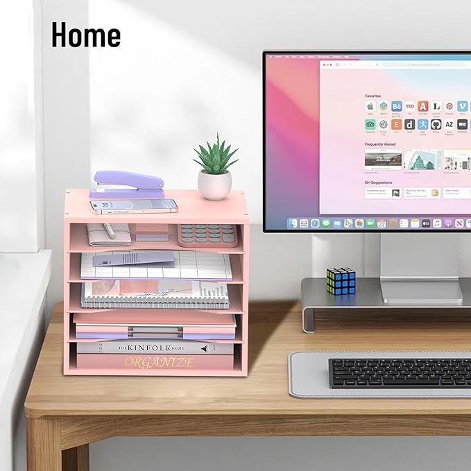 5-Tier Wood Desk Organizer, Paper Tray Organizer for Desk with Adjustable Storage Shelves, Desktop File Organization Paper Sorter Mail Holder for Office Home Classroom, Pink