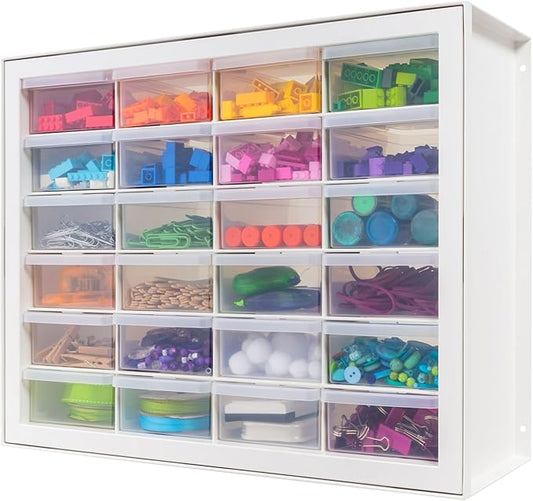 IRIS USA Plastic Drawer Storage Organizer, 24-Drawer Teacher Toolbox Bead Small Parts Organizer Cabinet for Hardware Crafts Nuts Bolts Tools Sticker Home Business Scrapbook Art Hobby Garage - White