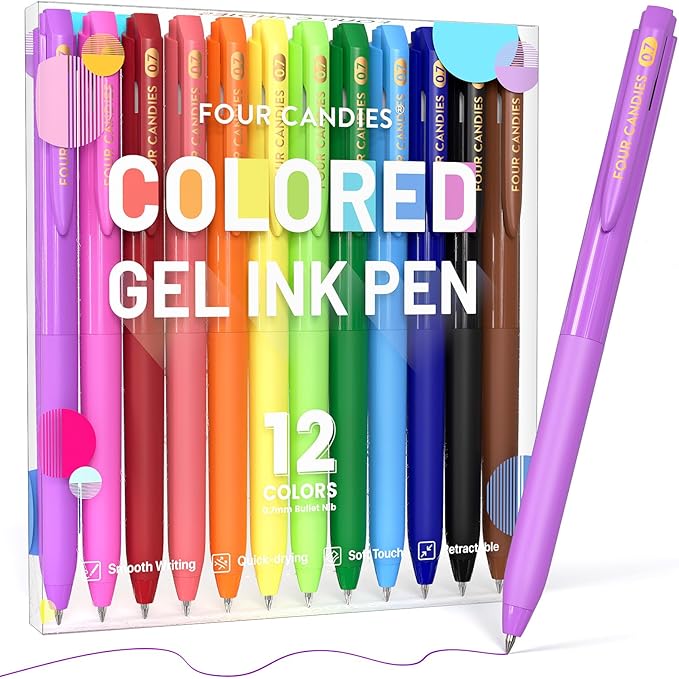 Four Candies Quick Dry Ink Colored Pens Set, 12 Colors Retractable Gel Pens, 0.7mm Fine Point Colorful Pen for Note Taking & Drawing, Colored Gel Pen with Comfort Grip for Office, School & Home