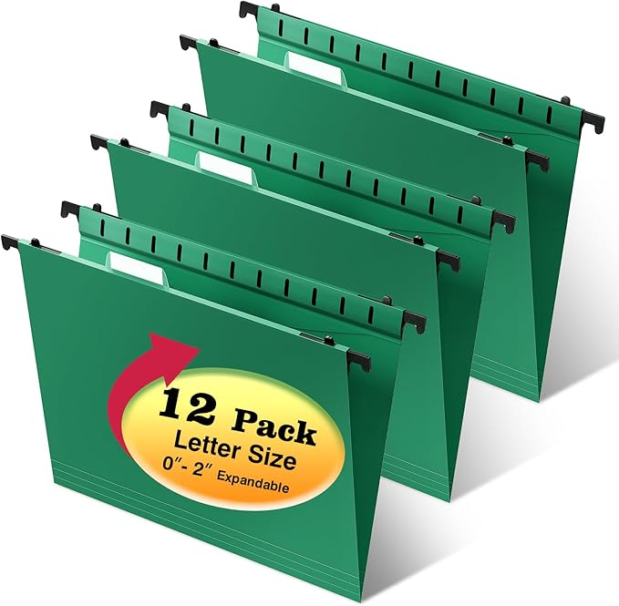 Plastic Hanging File Folders,Letter Size,Reinforced Hang Folders,Standard File Folders for Filing Cabinet,Plastic Hanging Folders,1/5-Cut Tabs,Designed for Home and Office,Green,12 Pack