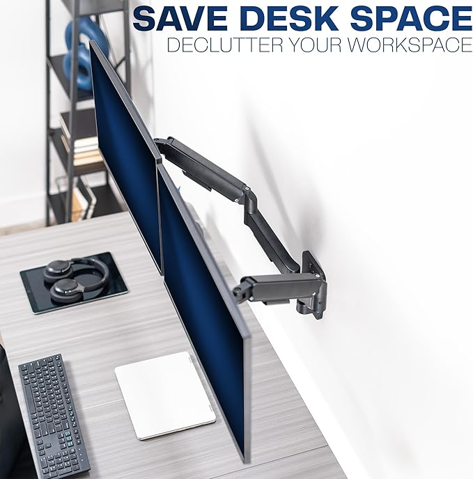 VIVO Height Adjustable Pneumatic Extended Arm Dual Monitor Wall Mount Full Motion Articulating, Fits 2 Screens 17 to 27 inches, Black, MOUNT-V002G