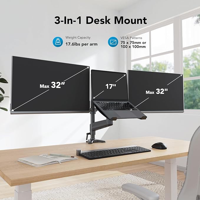 HUANUO Dual Monitor and Laptop Mount for Max 32” Monitor and 17” Laptop, Adjustable Arm with Tilt, Swivel and Rotation, Dual Monitor and Notebook Stand with VESA Bracket 75/100 mm