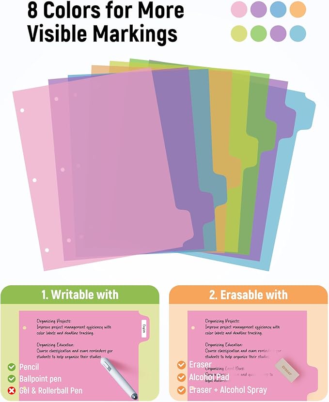 [48Pcs/6Set-8 Tab] Binder Dividers with Tabs, Plastic Dividers for 3 Ring Binder, Letter Size Binder Tabs for Organizing School Office Home Files, Write&Erase Notebook/Page Dividers