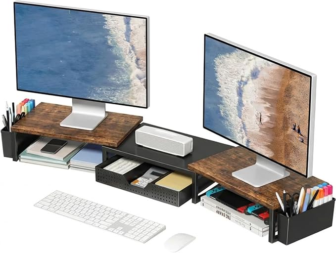OPNICE Wood Desk Organizers and Accessories, Dual Monitor Stand Riser with Drawer and 2 Pen Holders, Desk Shelf Computer Racks for Office Workspace Organizers, Desktop Organization (Rustic Brown)
