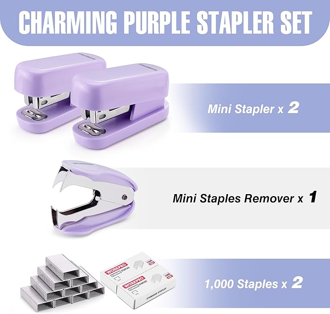 WORKPRO Small Stapler with Staples, Purple Stapler Set Includes Two Mini Staplers, One Staple Remover, 2000 Standard Staples - Cute Staplers for Desk with Non-Slip Base, Lock Design, Colorful