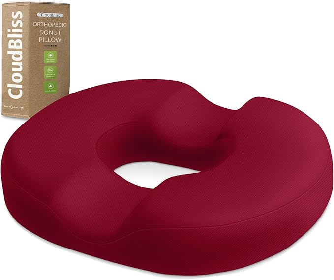 CloudBliss Donut Pillow Seat Cushion Chair Pad for Tailbone Pain Relief and Hemorrhoids, Memory Foam Seat Chair Cushion for Men and Women for Home & Office, (Red-2XL)