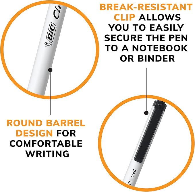 BIC Clic Stic Black Retractable Ballpoint Pens, Medium Point (1.0mm), 12-Count Pack, Round Barrel Design for Comfortable Writing