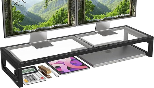 Simple Trending Dual Monitor Stand Riser, Tempered Glass Computer Desk Organizer with Mouse Pad for Laptop, iMac, TV, Black