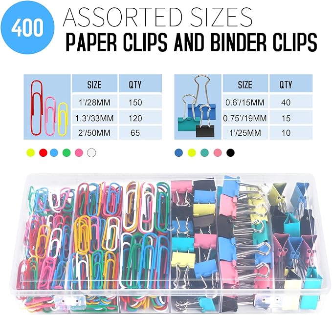 Paper Clips Binder Clips, 400 Pcs Colored Office Clips Set, Assorted Sizes Colored Paper Clips and Binder Clips Set Great for Document Organizing