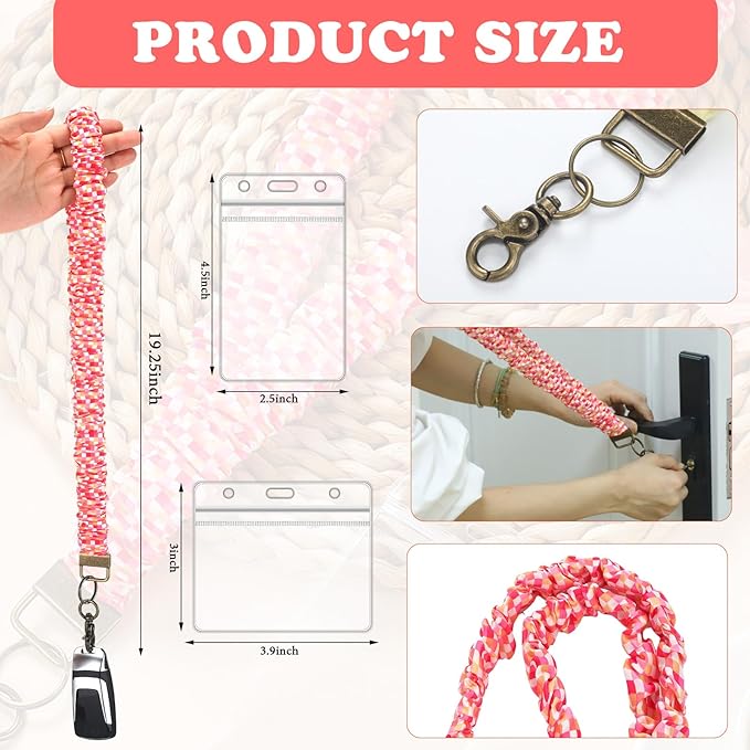 Marspark 2 Set Scrunchie Lanyards with 4 Card Holders for ID Badges and Keys Cute Stretchy Scrunchie Neck and Wrist Lanyards for Teacher Women Nurses School Office Supplies(Pink, Striped)
