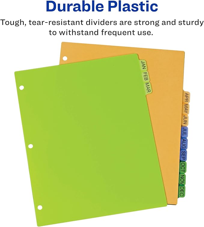 Avery Pre-Printed Jan-Dec Plastic Dividers for 3 Ring Binders, 12-Tab Set, Multicolor, 1 Set (11331)