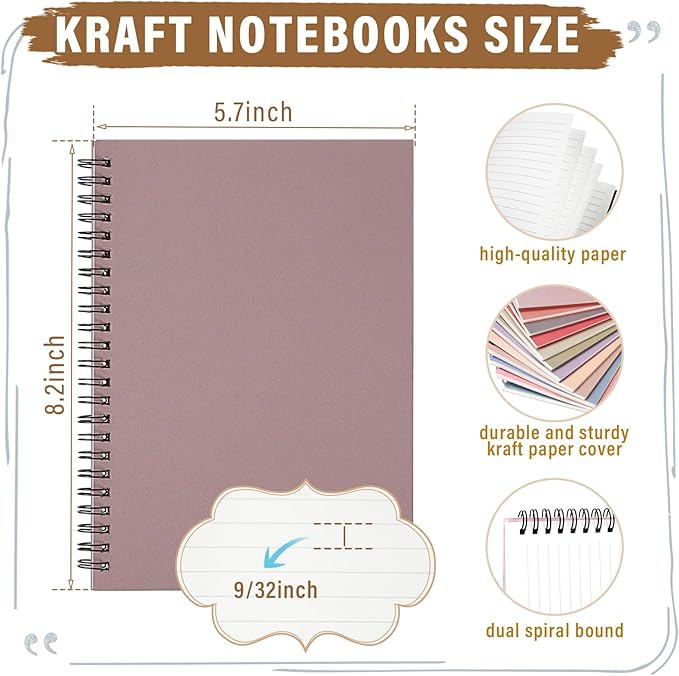Fuutreo 24 Pcs Spiral Notebook for Work A5 8.3 x 5.7 Inch College Ruled Spiral Journal Notebook Kraft Cover, 12 Color, 60 Sheets, 120 Pages for Office School Supplies(Taro Color)