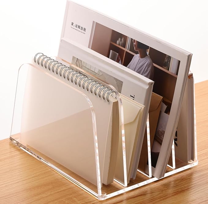 YUXUN Desk File Organizer Upright Clear Acrylic Desktop Organizer File Sorter Office Organization File Holder 4-Section Bookshelf for Home, Office & Classroom