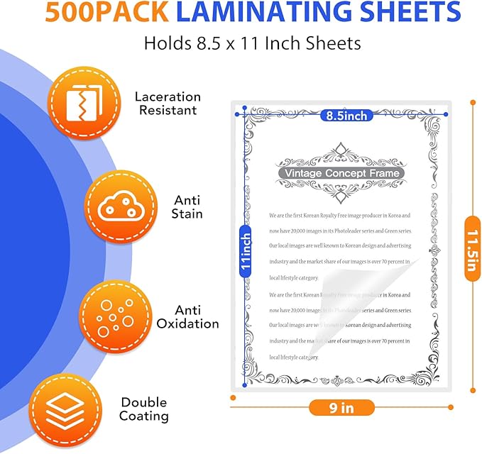 500 Pack Laminating Sheets, Holds 8.5 x 11 Inch Sheets, 3 mil, 9 x 11.5 Inches Thermal Laminating Pouches Lamination Sheet Paper for Laminator, Clear, Letter Size, Office and School Supplies