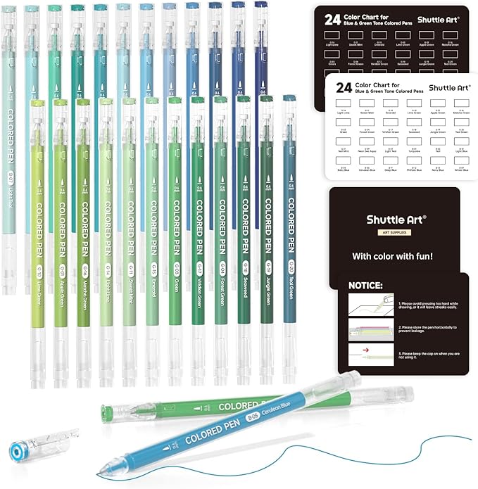 Shuttle Art Colored Pens, 24 Blue & Green Tone Colors Cute Journal Pens 0.6mm Fine Point Colored Gel Pens for Black Paper Adult Coloring Writing Drawing Journaling Note Taking School Office Home