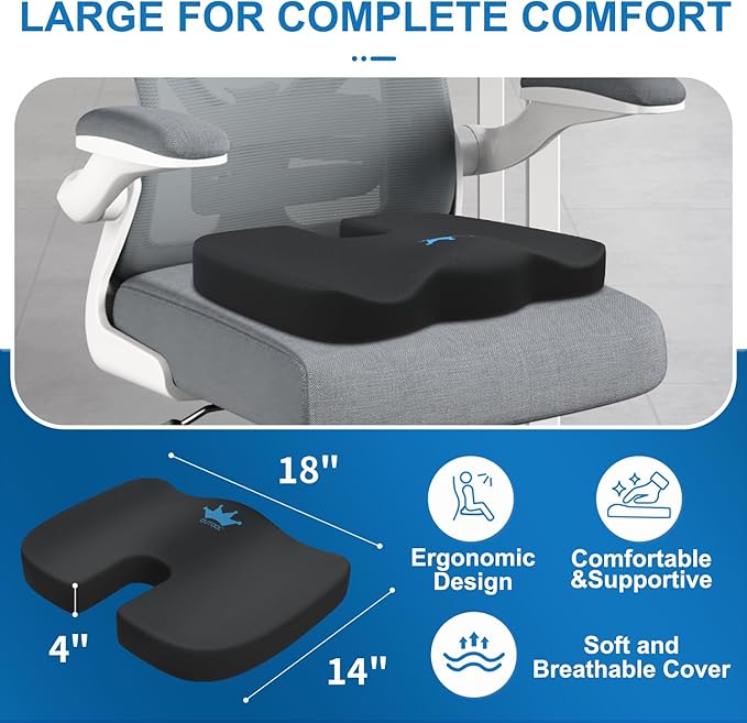 Seat Cushion for Office Chair & Car - Memory Foam Coccyx Support Pillow with Non-Slip Cover, Sciatica & Lower Back Pain Relief,Ergonomic Seat Pad for Long Drives (Medium Firm-Black)