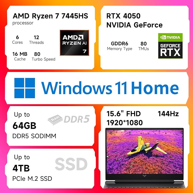 HP Victus RTX 4050 AI Gaming Laptop with Copilot, 15.6 FHD 144Hz, AMD Ryzen 7 7445HS(Beats Intel i7-13700), NVIDIA RTX 4050, 64GB DDR5 RAM, 2TB SSD, Backlit KB, Bundle with PCO Laptop Cooler