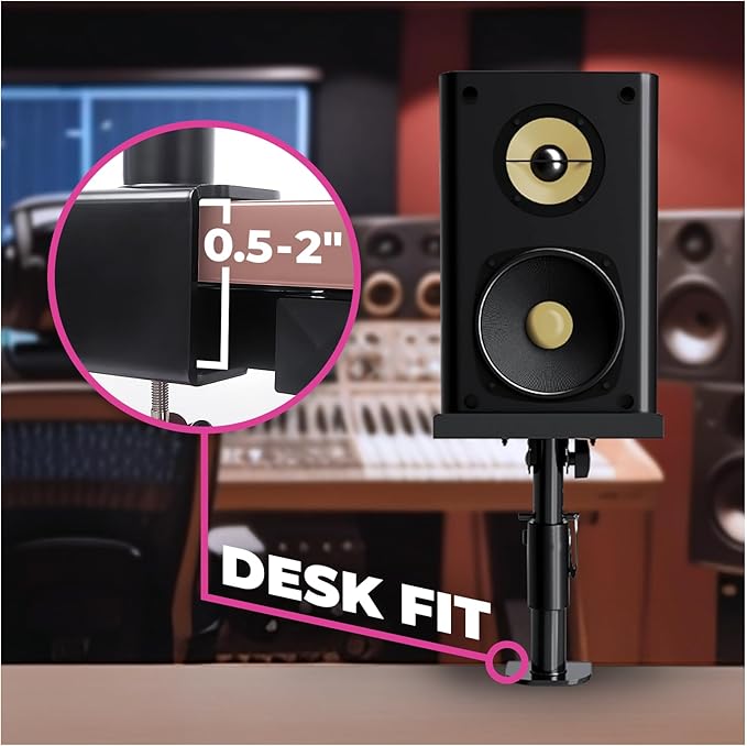 Liquid Stands Studio Monitor Stands - Music Studio Desktop Speaker Stand - 2 Pack 12x9 Clamp-on Adjustable Short or Tall Speaker Support for Music Booth Desk Audio Monitor Stand Mount with Tilt