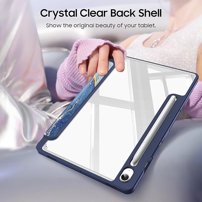 Fintie Hybrid Slim Case for Samsung Galaxy Tab S10 Lite/ S10 FE/ S9 FE 10.9 Inch/Tab S9 11 Inch with S Pen Holder, Shockproof Cover with Clear Transparent Back Shell, Auto Wake/Sleep, Ocean Marble