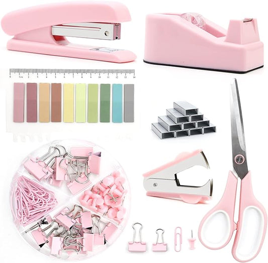 Pink Office Supplies, UPIHO Pink Desk Accessories, Stapler and Tape Dispenser Set for Women with Stapler, Tape Dispenser, Staple Remover, Staples, Clips, Scissor and Tabs,Gift for Students, Coworkers