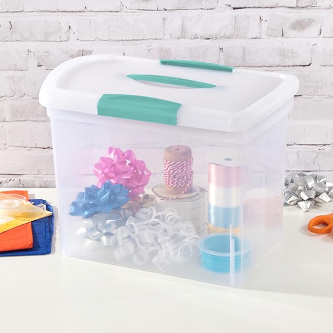 Sterilite Large Nesting ShowOffs, Stackable Small Storage Bin with Latching Lid and Handle, Plastic Container to Organize Office Files, Clear, 6-Pack