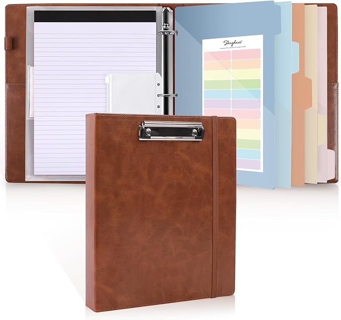 SKYDUE 3 Ring Binder with Clipboard,1 Inch Binder, 13.2" × 10.2" PU Clipboard Binder with Notepad & 5 Dividers with 5 Pockets, Labels, Clipboard Folder Great for School Office(Fit Letter Sized Paper)